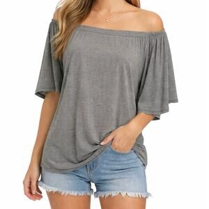 Soprano Off-Shoulder Stripe Knit Top Relaxed Drape Short Sleeve Medium